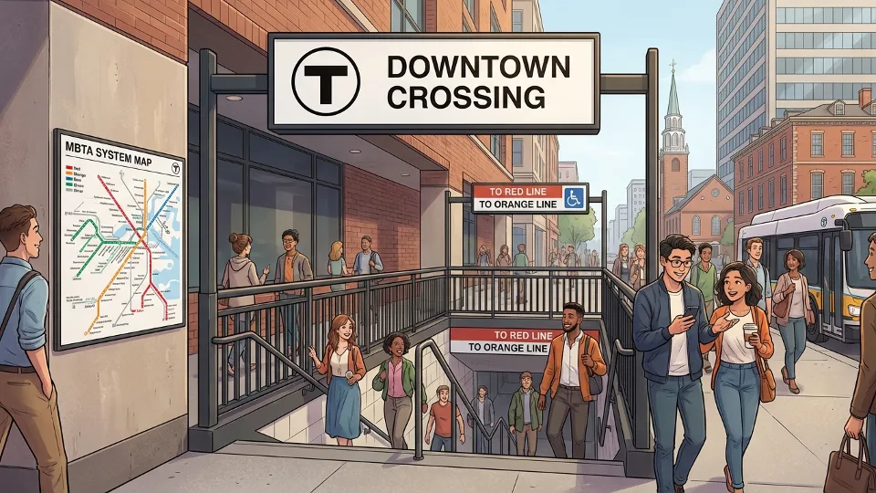 Boston MBTA station entrance with system map and signage visible
