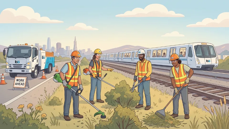 BART maintenance crew performing vegetation management work along rail tracks