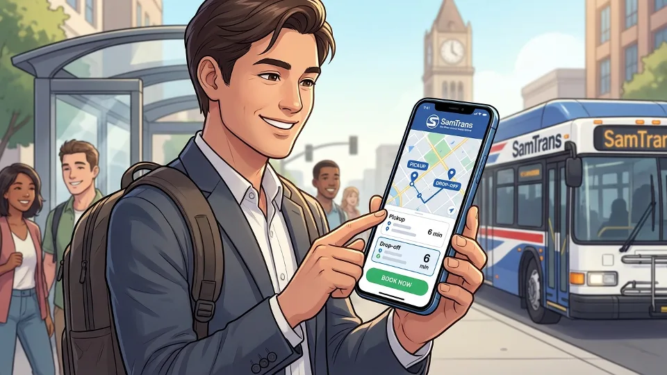 Passenger using smartphone to book on-demand transit ride with SamTrans app interface visible