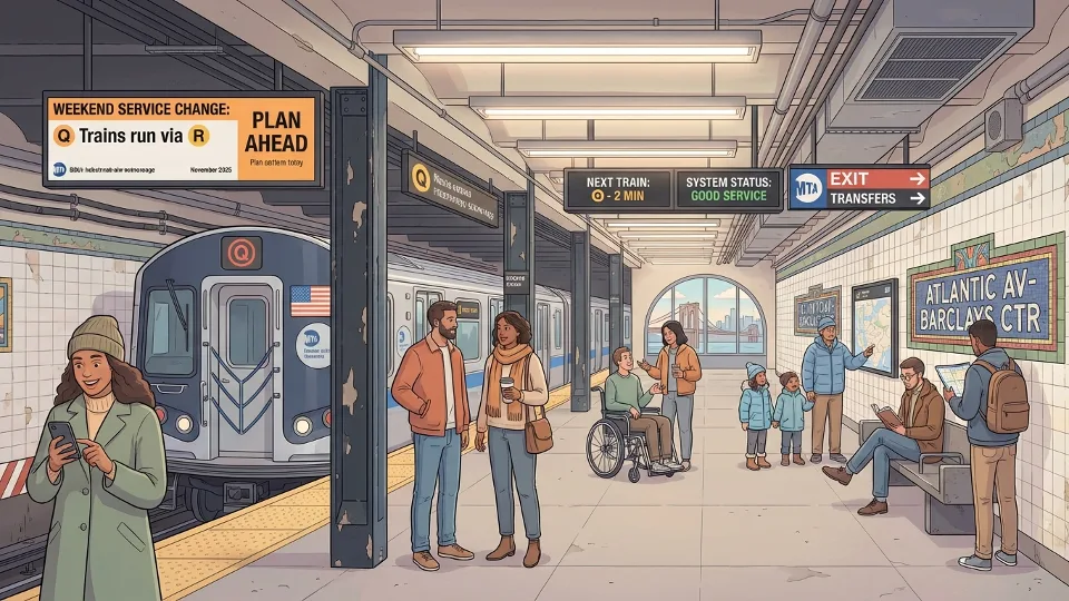 New York City subway train at platform with passengers waiting during weekend service. Alt text: NYC subway train platform weekend service modifications November 2025. Composition: Wide shot showing subway car at station platform with MTA signage visible, capturing typical weekend travel scene with moderate passenger activity.