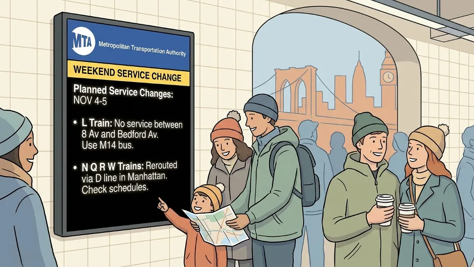 MTA service advisory display board showing weekend service change information at subway station. Alt text: MTA weekend service change advisory board New York City subway November. Composition: Close-up of digital or printed service advisory board with MTA branding, showing typical weekend service change notification format.