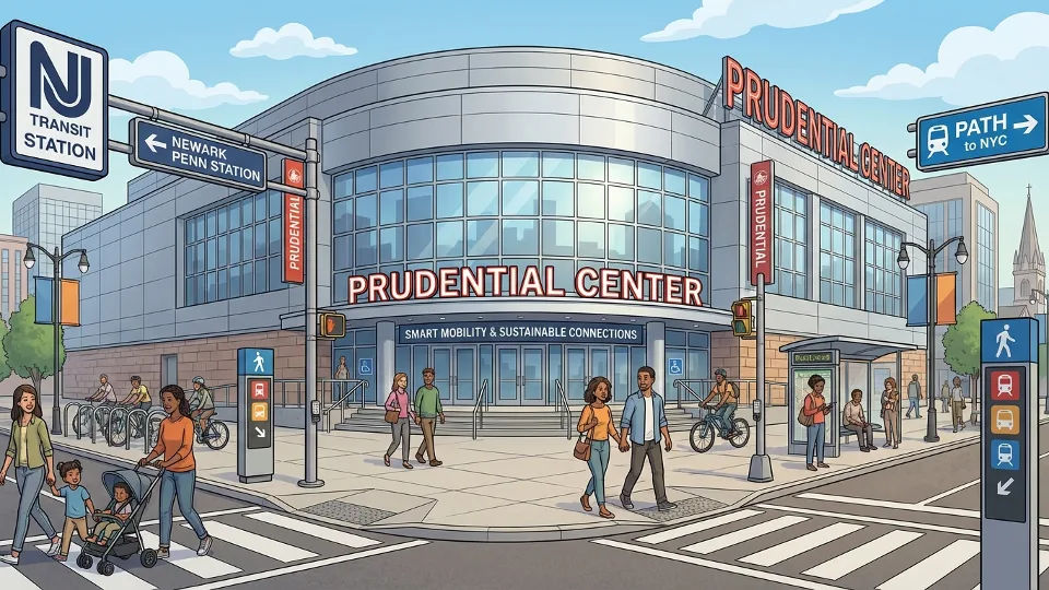 Prudential Center arena exterior in downtown Newark with transit access signage