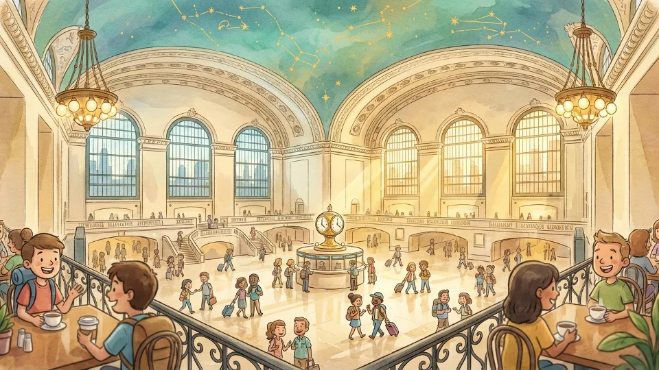Grand Central Terminal's main concourse viewed from an elevated restaurant perspective, showing the busy terminal floor with travelers and the distinctive vaulted ceiling
