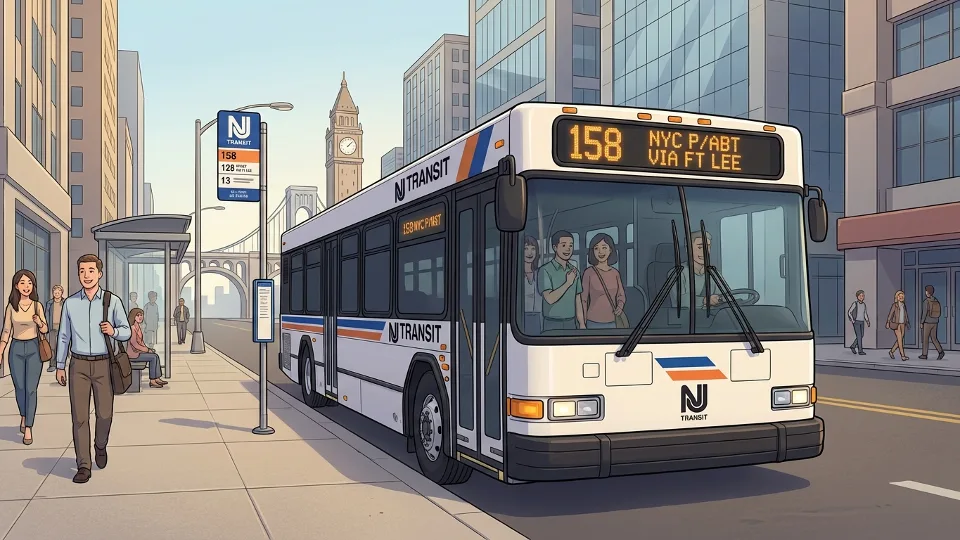 NJ TRANSIT bus at downtown stop with digital display showing route information