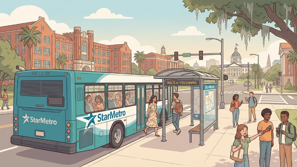 StarMetro bus at downtown Tallahassee stop with FSU campus buildings visible in background