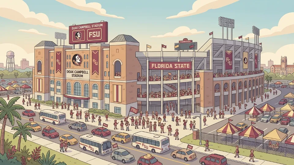 Doak Campbell Stadium exterior on FSU game day with crowds and traffic visible