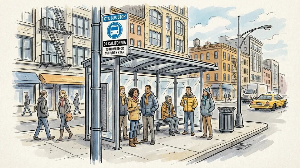 CTA bus stop sign showing Route 94 California with passengers waiting at urban transit shelter