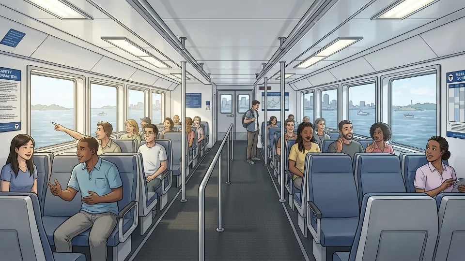 Interior view of MBTA commuter ferry with passenger seating and windows showing Boston Harbor
