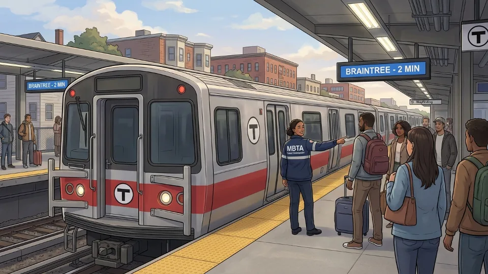 MBTA Red Line train at Braintree Branch station platform with Transit Ambassador assisting passengers