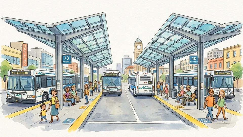 Eastmont Transit Center exterior with multiple AC Transit buses at boarding platforms