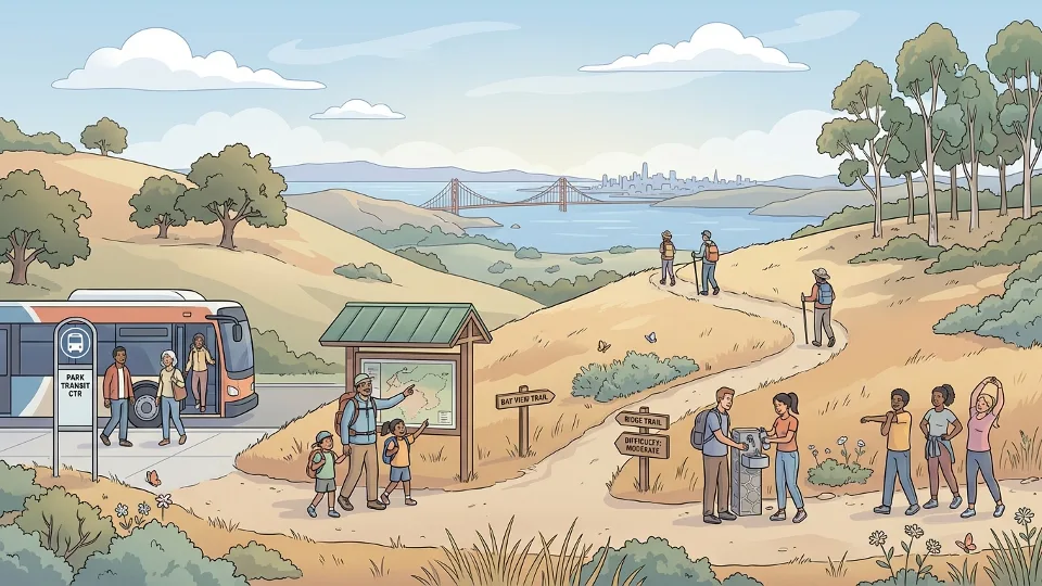 Scenic Bay Area destination with hiking trail and park accessible by public transit
