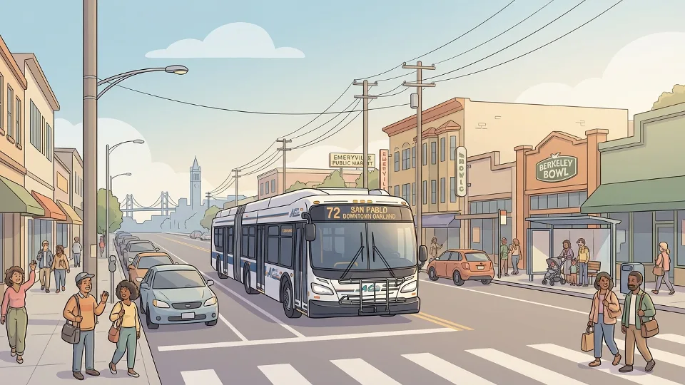Transit bus on San Pablo Avenue in Bay Area with urban street scene