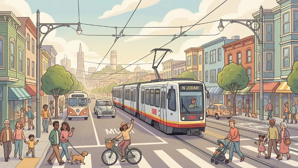San Francisco Municipal Transportation Agency Muni Metro train on city street with overhead power lines