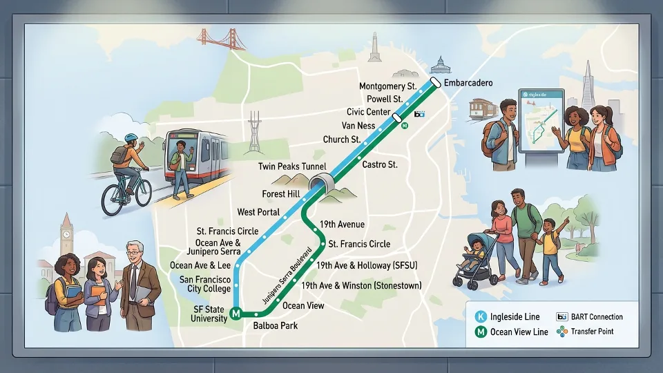 San Francisco Muni Metro route map showing K Ingleside and M Ocean View lines