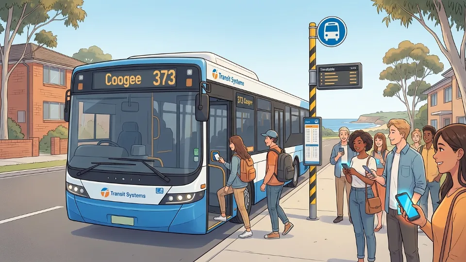 Bus at stop in South East Sydney with passengers boarding