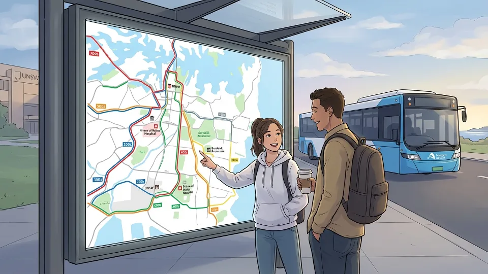 Sydney bus route map display showing South East region