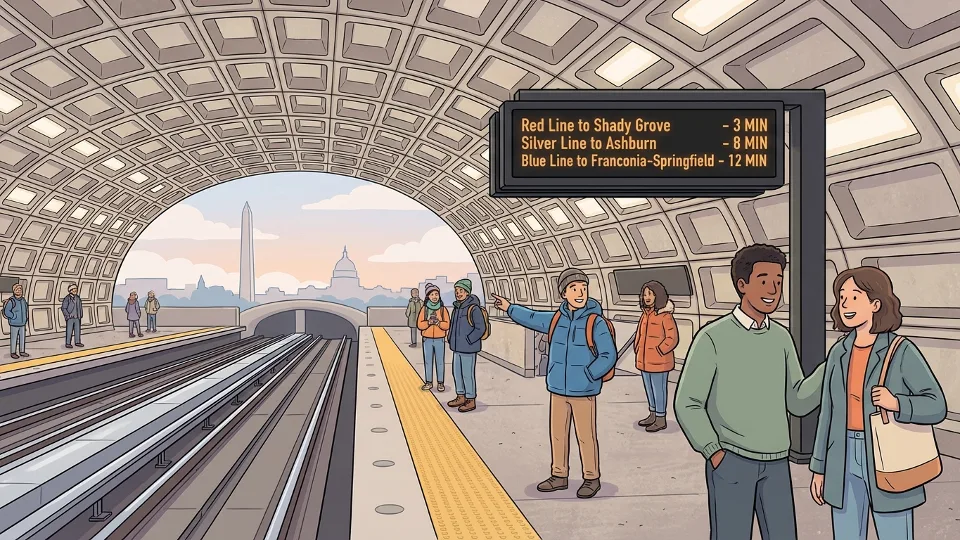 Metro station platform with digital arrival time display board showing train information