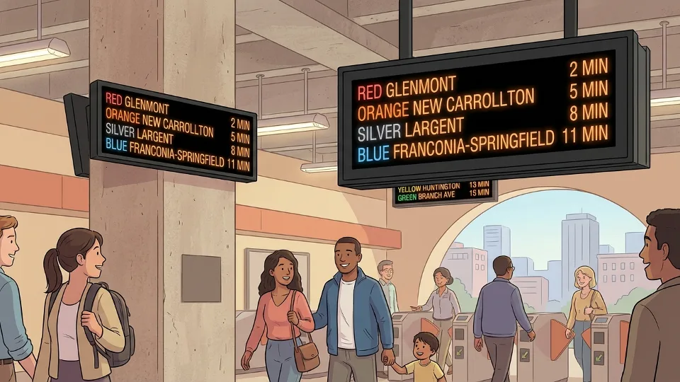 Close-up of Metro digital sign display at station entrance showing route and time information