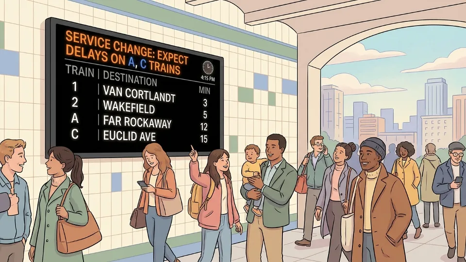 Transit agency service alert display board showing delay information at train station