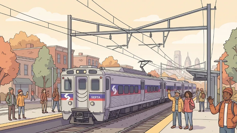 SEPTA Regional Rail Paoli/Thorndale Line train on tracks approaching station with overhead catenary wires visible