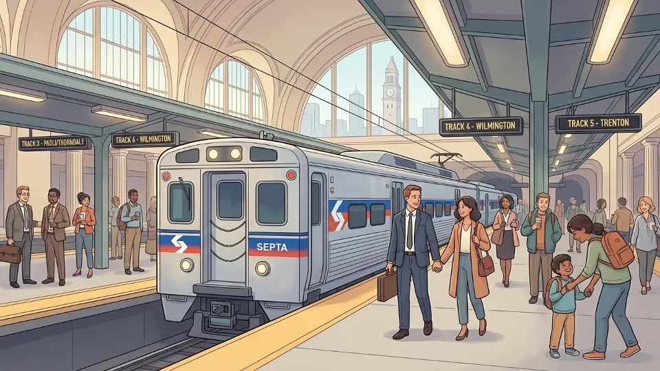 SEPTA Regional Rail train at 30th Street Station platform with passengers waiting on platform during morning commute