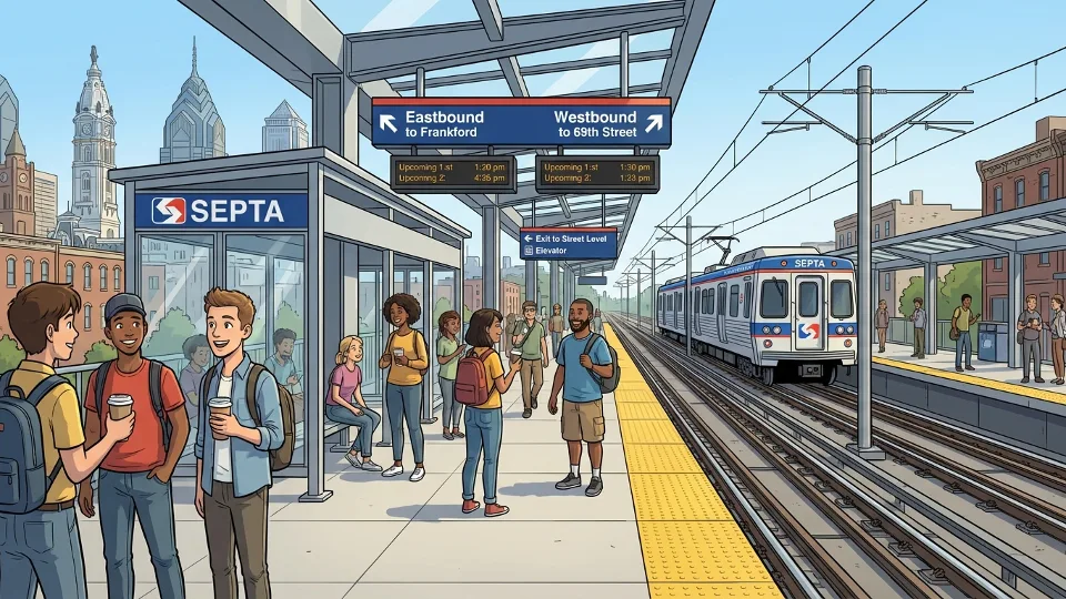 SEPTA station platform with directional signage and track infrastructure visible