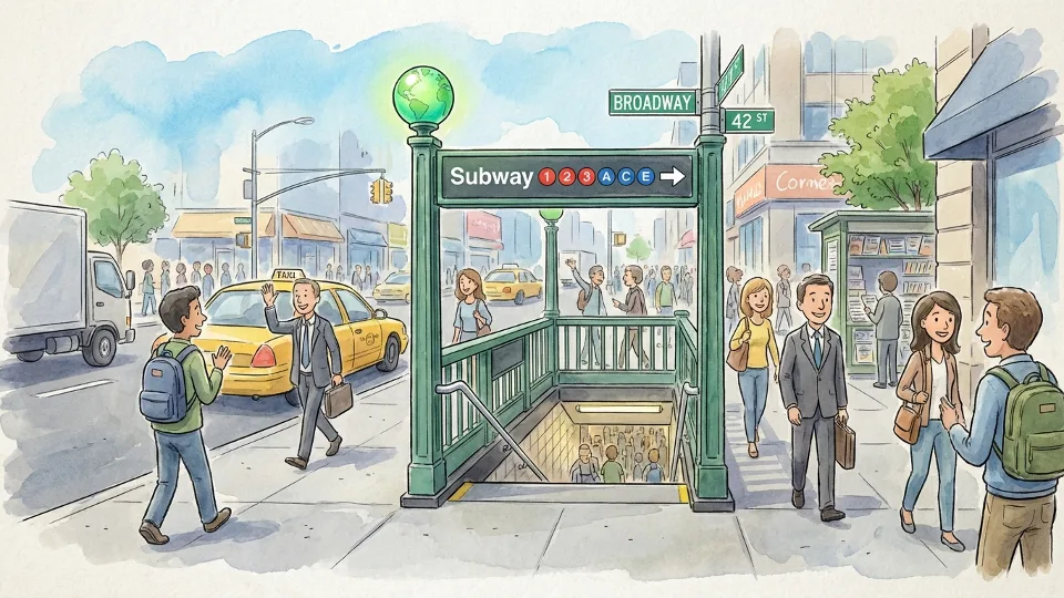 NYC subway station entrance with pedestrians and street traffic showing diverse commuters