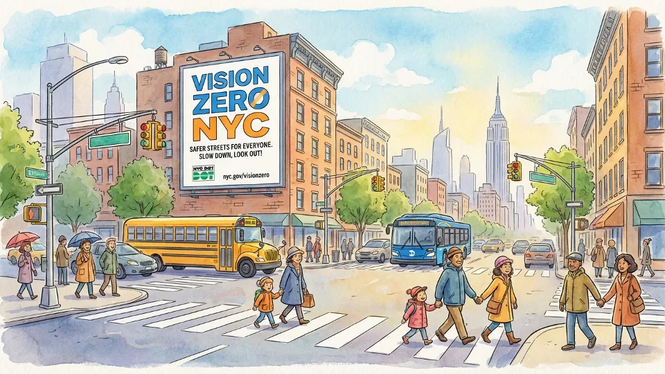NYC Department of Transportation Vision Zero billboard at busy intersection with pedestrians and buses