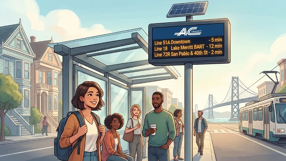 AC Transit real-time tracking display showing bus arrival information at transit stop