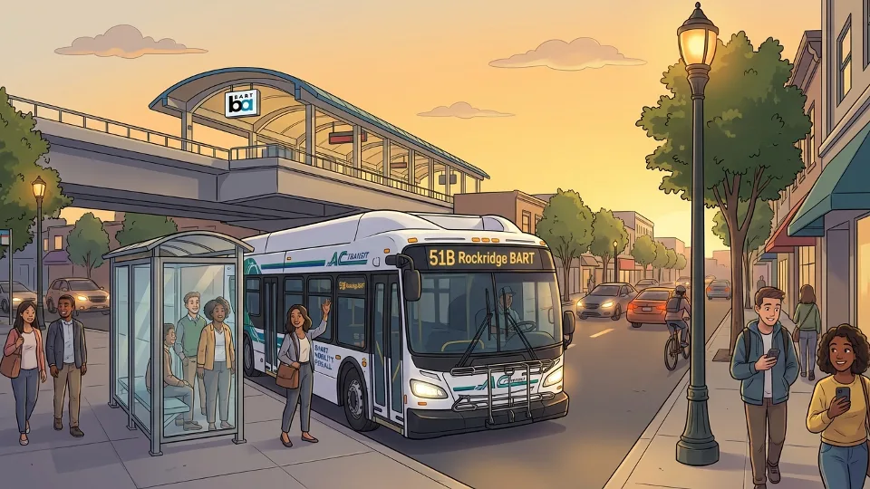 AC Transit bus at East Bay stop during evening commute hours, with Rockridge BART station visible in background