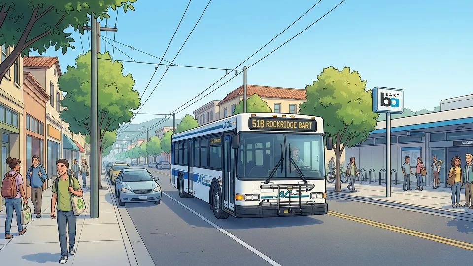 AC Transit Line 51B bus approaching Rockridge BART station in Oakland