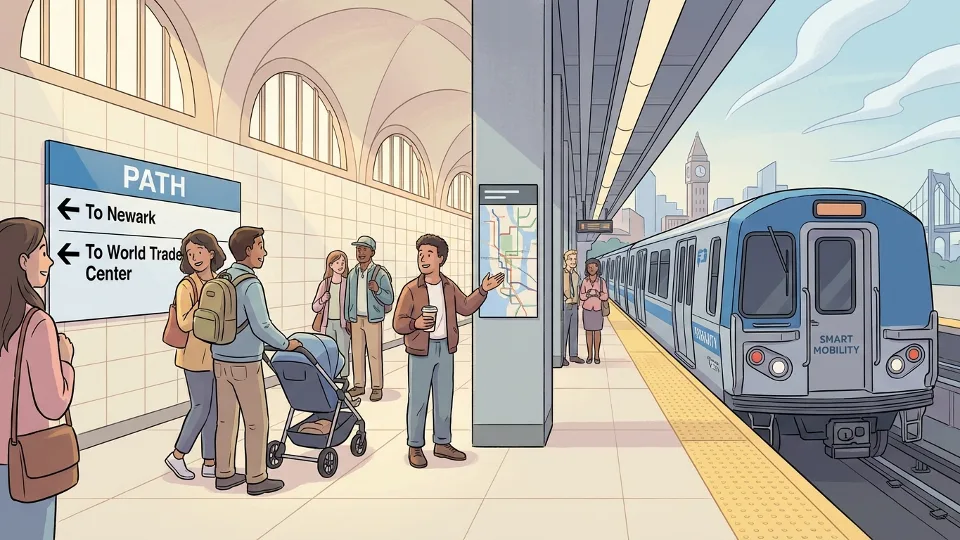 PATH station platform with directional signage and track. Interior view showing platform edge, safety markings, and wayfinding signs for commuters.