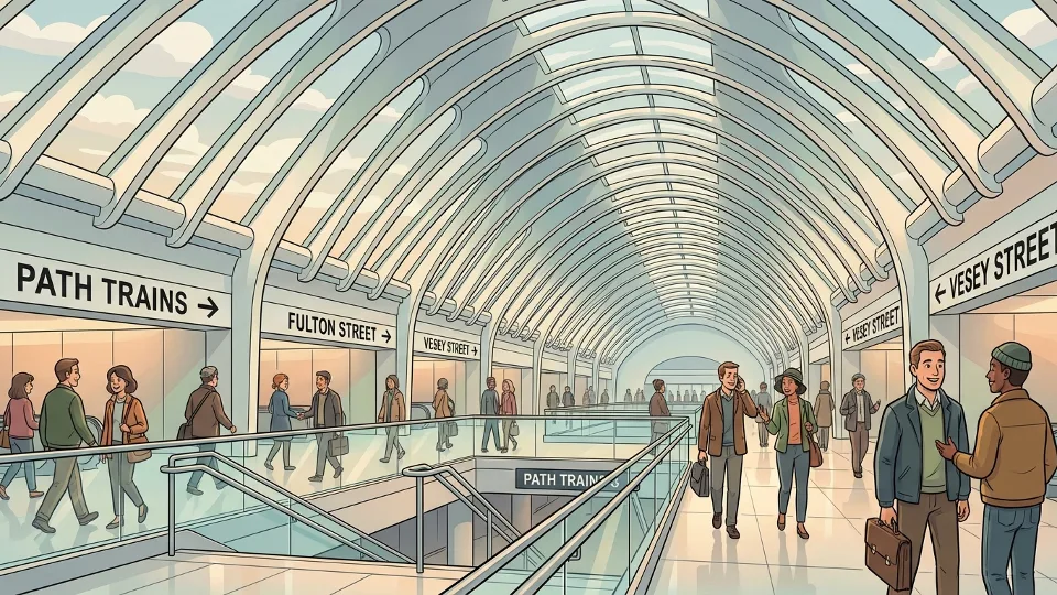 Interior view of WTC Oculus transit hall showing PATH train platform access with directional signage to Fulton Street and Vesey Street entrances