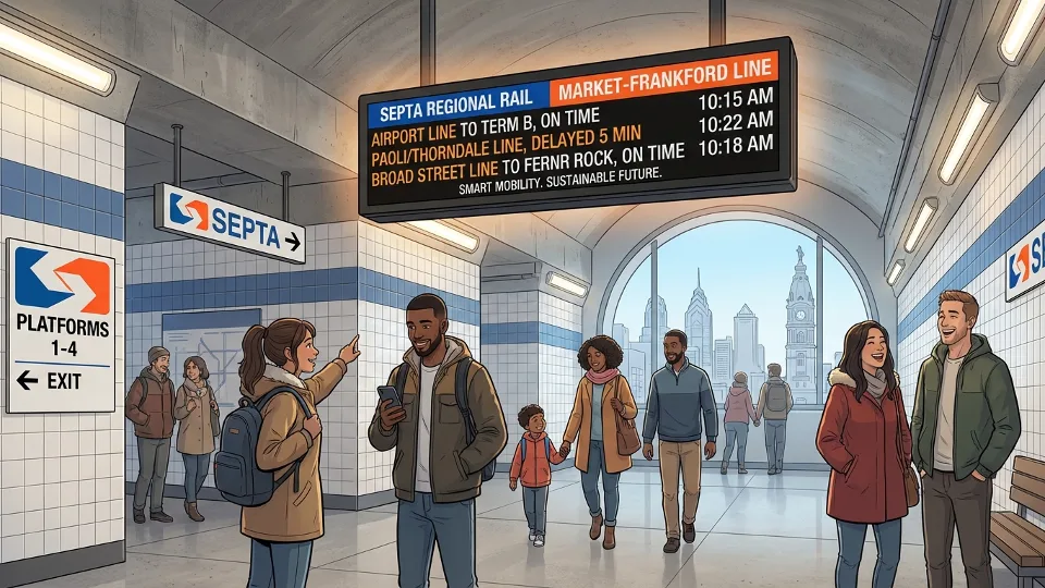 Train information display board showing delay status at transit station