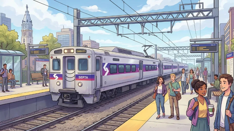 Philadelphia area commuter train at station platform during daytime