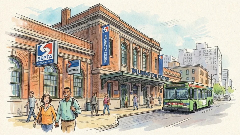 SEPTA Wilmington Station exterior showing Regional Rail service signage