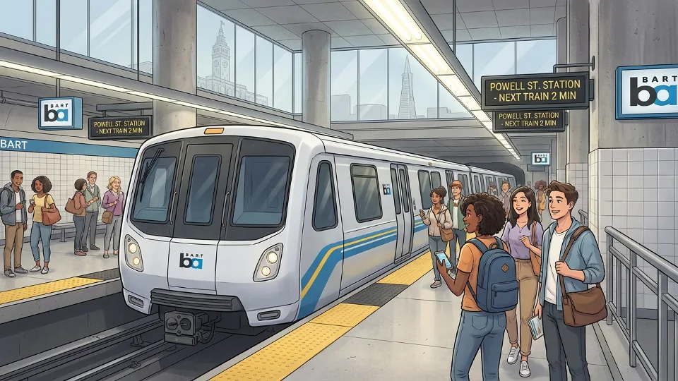 BART train at downtown San Francisco station with passengers on platform