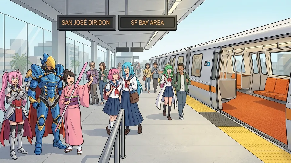 Anime convention attendees in cosplay costumes at urban transit station