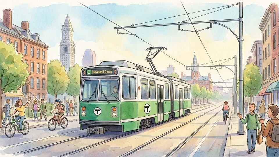 MBTA Green Line trolley with overhead wire system visible