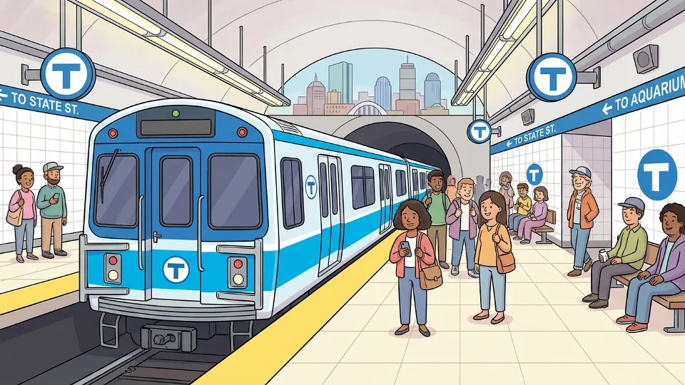 MBTA Blue Line train at downtown Boston station platform with passengers waiting