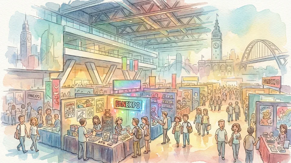 Interior of Moscone Center convention hall with attendees and exhibition booths. Alt text: Moscone Center San Francisco convention floor with FanExpo attendees and vendor booths. Composition: Wide angle showing convention space with crowds and colorful displays.