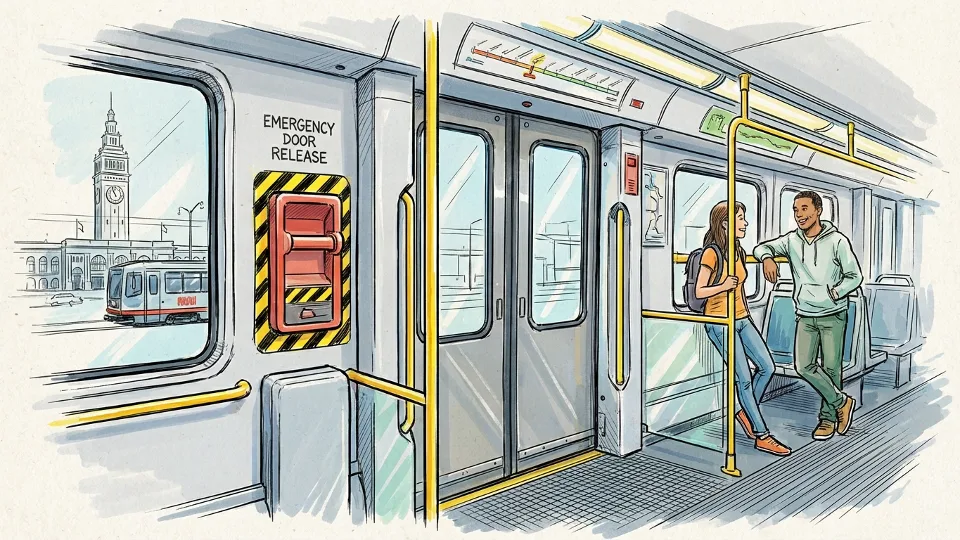 Muni Metro light rail train emergency door with safety release mechanism visible