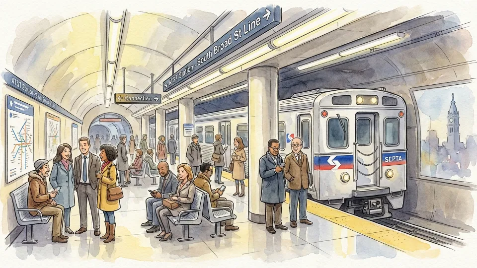 SEPTA subway train at underground station platform with commuters waiting