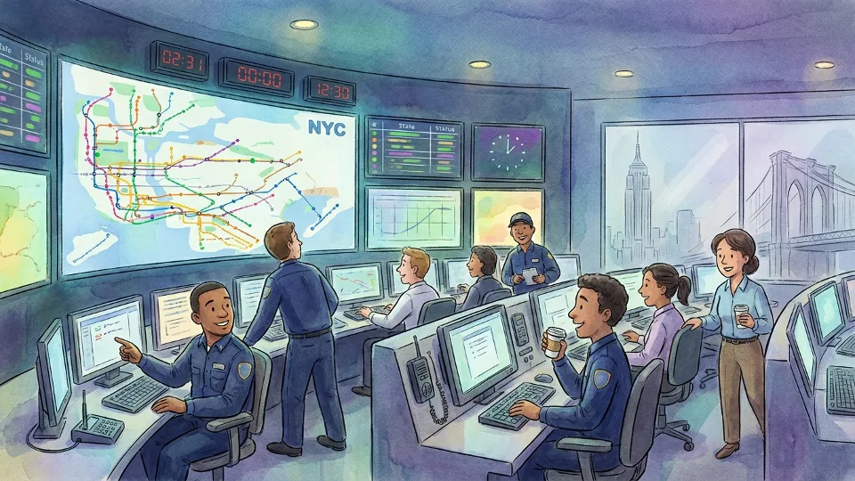 NYC subway control room with transit workers monitoring train operations
