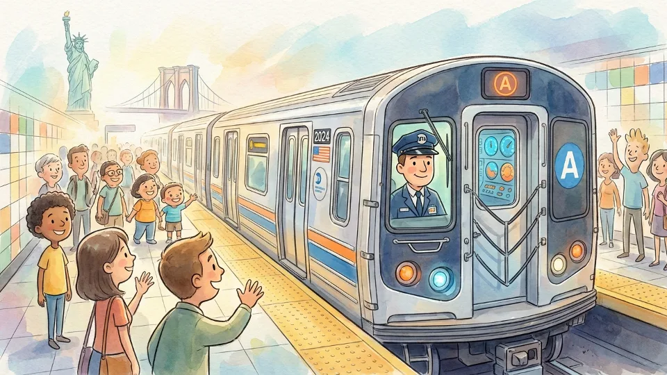 New York City subway train at platform with operator visible in cab