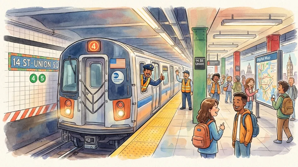 MTA subway station platform with train arriving showing crew operations