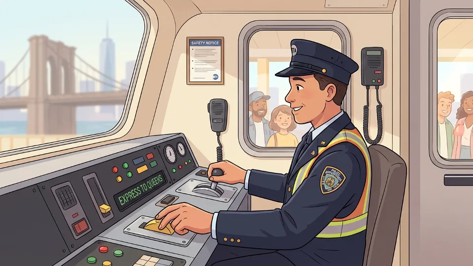 Subway conductor at train controls inside New York City subway car