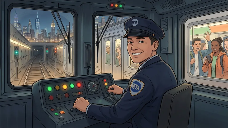 MTA subway operator at train controls