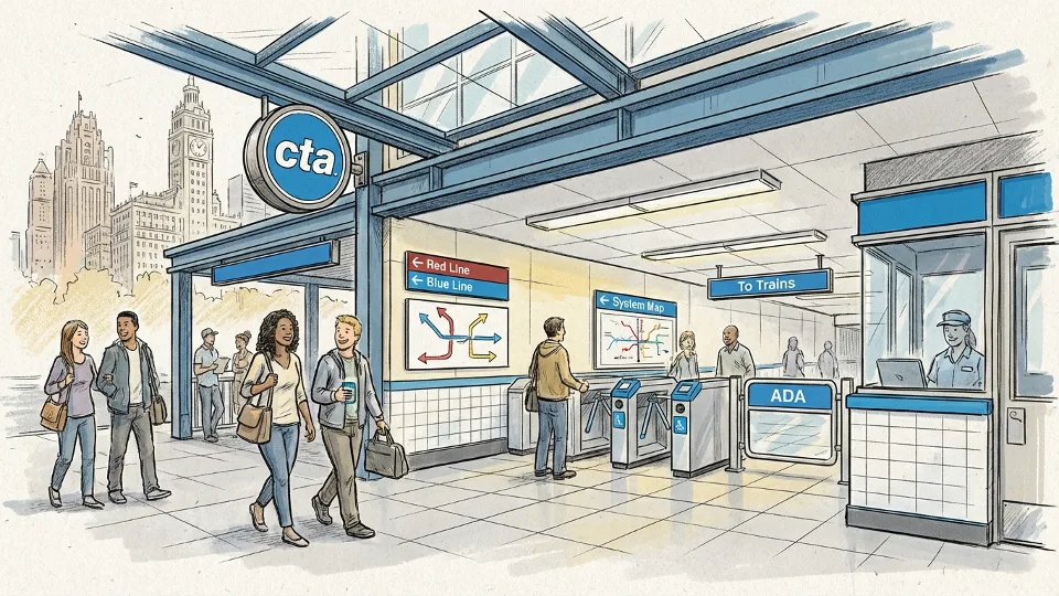 CTA station entrance with directional signage and fare gates