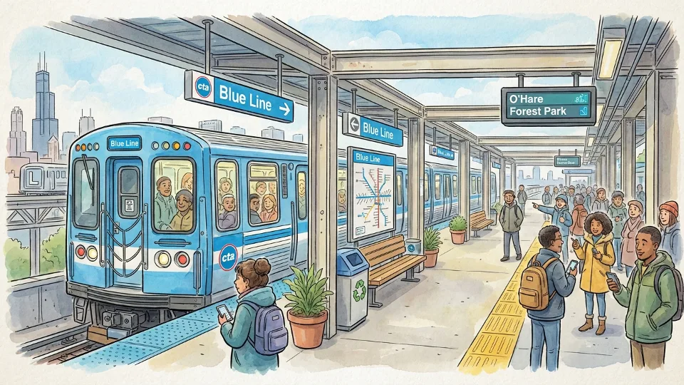 Blue Line train at downtown Chicago station platform with passengers waiting. Alt text: Chicago CTA Blue Line train at station platform with commuters. Composition: Side angle showing train, platform, and waiting passengers to illustrate affected service.